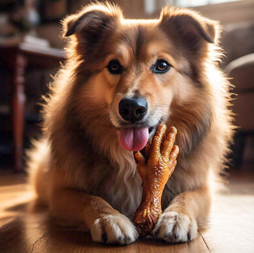 dog eating a dehydrated chicken foot as a treat