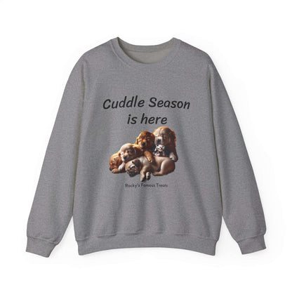 comfortable cozy cute sweatshirt with puppies on the front.