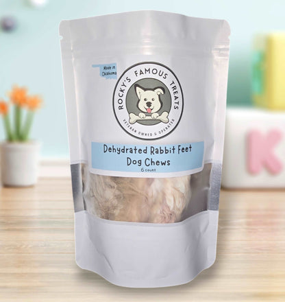 dehydrated raw rabbit foot dog treats. rabbit feet have fur on them to benefit dog's digestion